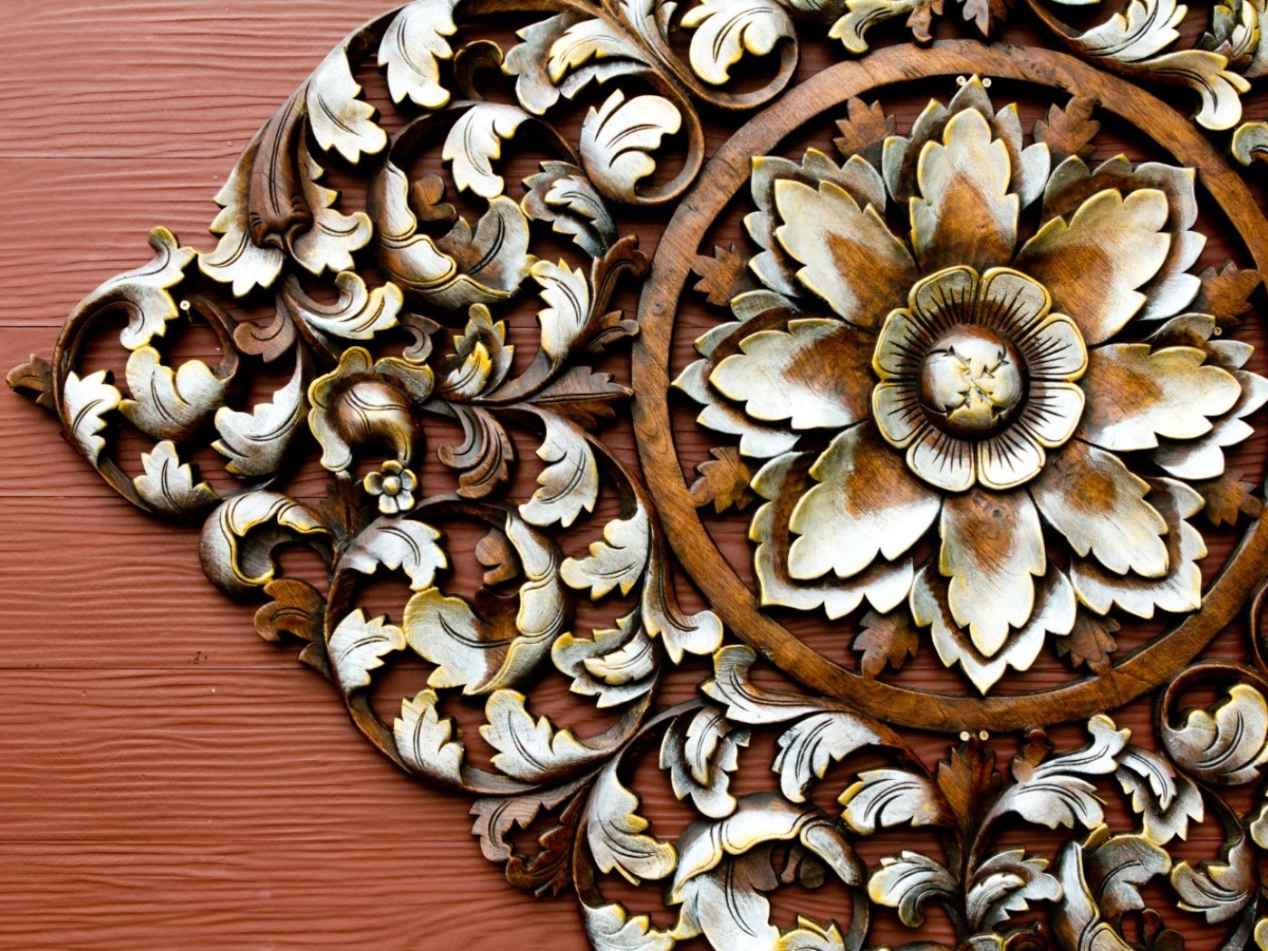Intricate wood carving panel